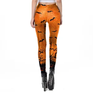 Women's Halloween leggings with orange pumpkin and bat prints shown from a back view