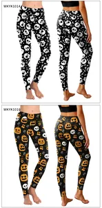 Detailed pattern view of Halloween leggings with skull and pumpkin digital prints