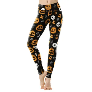 Women's Halloween high waist leggings featuring orange pumpkin and skull digital prints