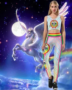 Detailed close-up of high-waist yoga pants featuring unicorn and rainbow print design