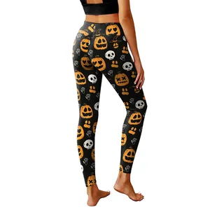 Women's high waist Halloween leggings with pumpkin and skull digital prints