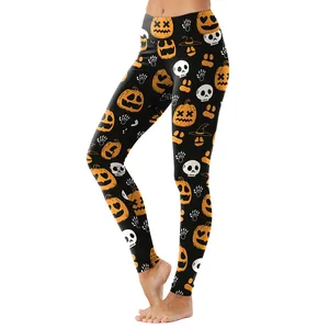 Women's Halloween high elastic leggings featuring pumpkin and skull digital prints