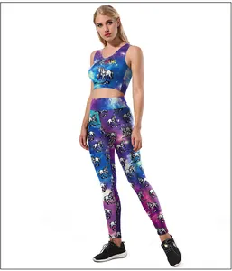 Detail of galaxy print yoga set with Unicorns lettering and matching leggings