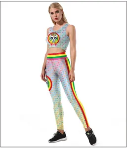 Detail of blue yoga set featuring rainbow stripes and unicorn skull print with hearts