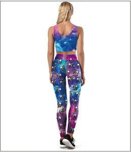 Detail of starry sky unicorn print on high-waisted yoga pants and sports bra set
