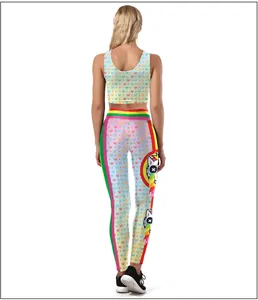 Detail view of pink and blue star-patterned yoga set with side rainbow stripes from behind