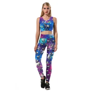 Women's Galaxy Unicorn Printed Yoga Set Top And Bottom High Waist Leggings Crop Top Vest Activewear Sports Suit