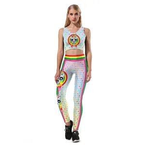 Women Printed Yoga Top And Bottom High Waist Rainbow Unicorn Heart Pattern Activewear Sportswear Fitness Workout Leggings Crop Top