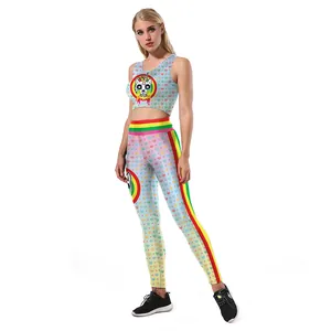 Pink and blue gradient yoga set with unicorn graphics and rainbow stripes for women