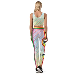 Women rainbow gradient yoga set featuring unicorn print leggings and crop top