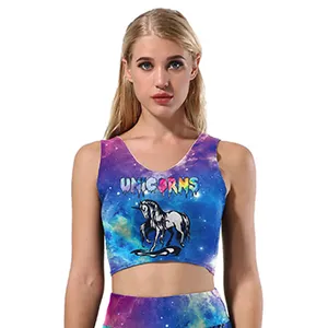 Women's starry sky unicorn print yoga set with sleeveless crop top and leggings