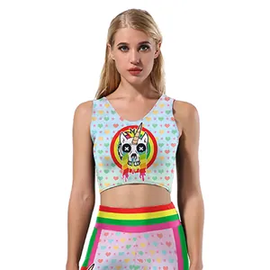 Women's pink yoga set with unicorn skull print and rainbow high waist leggings