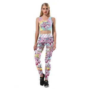Damen Einhorn Druck Batik Yoga Weste Und High Waist Leggings Sportoutfit Slim Fit Workout Set