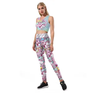 Damen Yoga-Set mit Einhorn-Druck, hohe Taille Leggings und bauchfreiem Sportoberteil