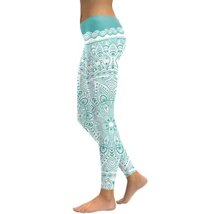 Women High Waisted Mandala Print Yoga Pants Stretchy Tummy Control Leggings Polyester Spandex Slim Fit Sports Workout Tights