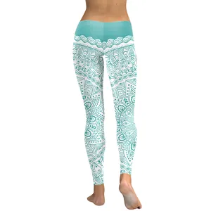 Women's high waist yoga leggings featuring mint green mandala digital print on white