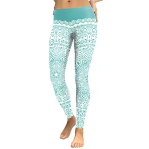 Legging de yoga taille haute pour femme avec imprimé mandala blanc sur tissu bleu tiffany