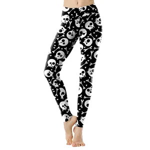 Leggings neri da donna a vita alta con stampa digitale di teschi e ossa bianche