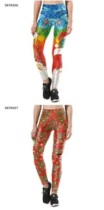 Detail of high-stretch leggings featuring abstract colorful patterns and festive floral designs