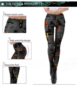 Dettagli dei leggings di Halloween che mostrano vita alta e stampa con motivo di zucca
