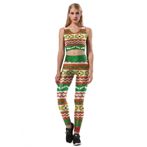 Women's 2-piece athletic set with geometric print crop top and high waist leggings