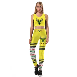 Yellow two-piece fitness set with reindeer print and ethnic patterns for holiday workout