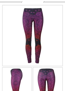 Vista a tre vie dei dettagli mandala sui leggings a vita alta con sfumatura viola