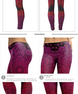 Dettaglio di legging a vita alta con stampa mandala, controllo addominale e push-up