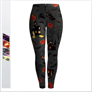 Leggings da Donna con Stampa Halloween a Vita Alta Elastici Pantaloni da Yoga Snellenti con Motivi di Zucche Streghe Pipistrelli Castelli