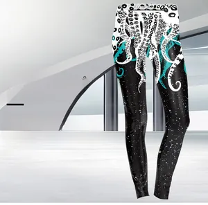Detail of octopus tentacle and starry night digital print on black high-waist leggings