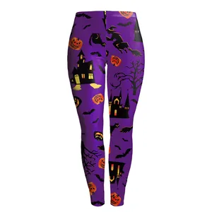 Leggings viola di Halloween da donna con stampe di zucche festive, streghe e pipistrelli
