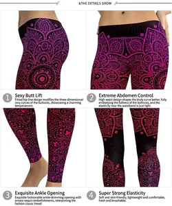Leggings da donna con stampa digitale floreale a vita alta e motivo mandala colorato