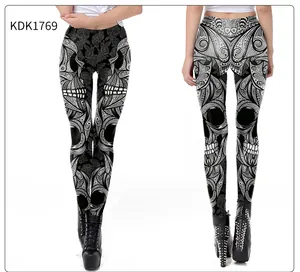 Detailed close-up showing digital gothic skull and rose print on slim leggings