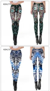 Detail view of colorful bohemian owl and tribal geometric patterns on low-waisted leggings