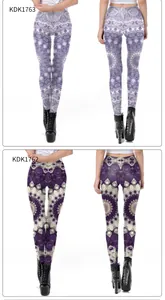 Detail view of colorful mandala print leggings with kaleidoscopic patterns in two styles