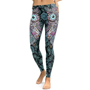 Women's low waist leggings featuring a digital owl mandala print in blue and purple