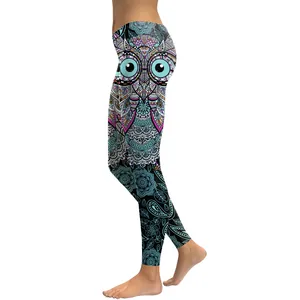 Women's low waist leggings with colorful digital owl print on black stretchy fabric