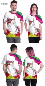 Detail view of 3D rainbow unicorn splash ink print on white crew neck t-shirt