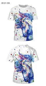 Front and back view of white t-shirt featuring colorful rainbow unicorn watercolor print