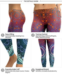 Damen Yoga-Leggings mit hoher Taille und digitalem Mandala-Print in Orange und Blau