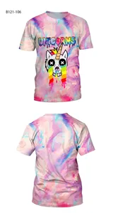 Detailed front and back view of pink purple tie-dye t-shirt with unicorn print
