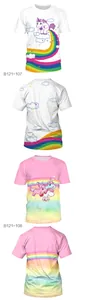 Detailed front and back view of unicorn and rainbow prints on short sleeve t-shirts