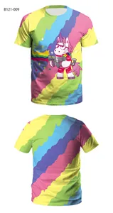 Flat lay showing front and back of rainbow unicorn printed crewneck t-shirt