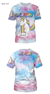 Front and back view of t-shirt with rainbow unicorn print and starry sky pattern