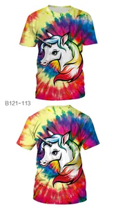 Detailed front and back view of a colorful tie-dye unicorn print short sleeve T-shirt