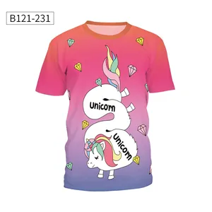 Detail of unicorn 3D digital print and rainbow gradient texture on cotton T-shirt