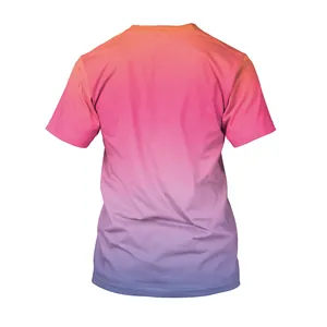 Back view of short sleeve t-shirt showing a modern vertical rainbow gradient from pink to blue