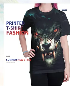 Detailed close-up of the 3D wolf head digital print on a black cotton t-shirt
