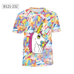 Detailed view of unicorn graphic on a colorful geometric short-sleeve crewneck T-shirt