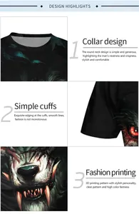 Detail view of the durable crew neck and high-quality 3D wolf print on a black T-shirt